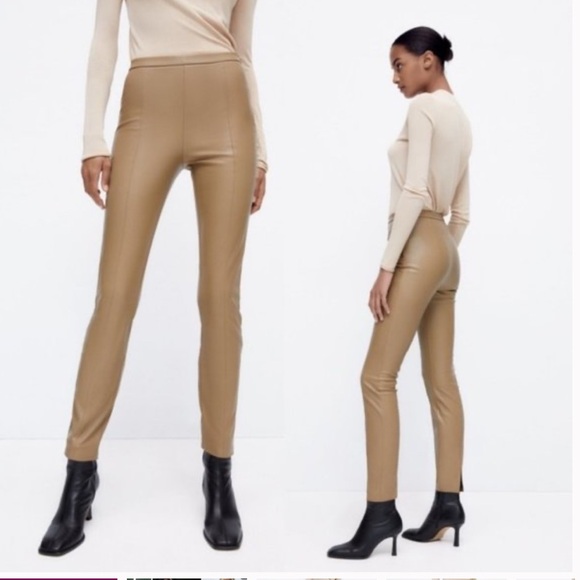 Zara Tan Straight Faux Leather Leggings Side Zip Split Leg New - Picture 3 of 7